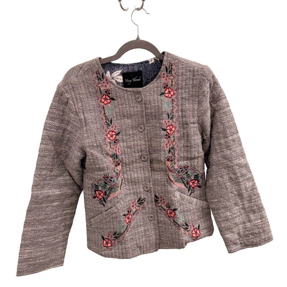 Young Threads 100% Cotton Gray Embroidered Women's Jacket, NWT!